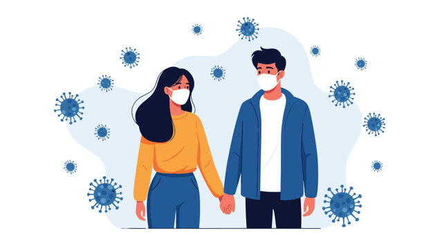 Couple wearing face masks holding hands while walking safely during covid-19 coronavirus disease pandemic outbreak.