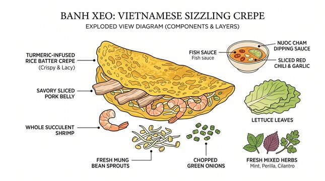Banh Xeo Vietnamese Sizzling Pancake Vector Exploded Diagram