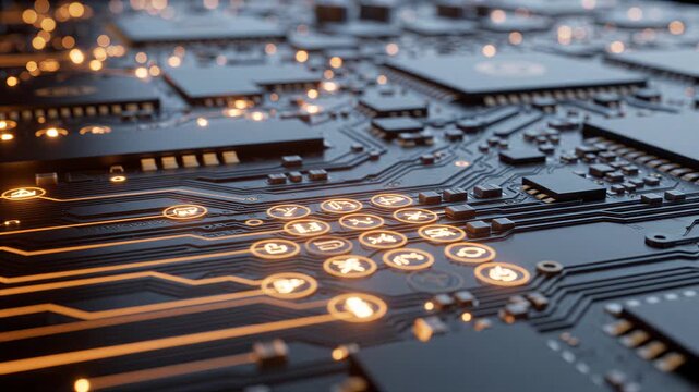 Macro Cinematic View of Glowing Circuit Board with Data Flow