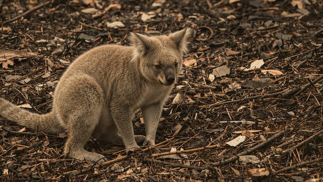 A young gray fox kit standing on a ground covered with leaves and twigs.