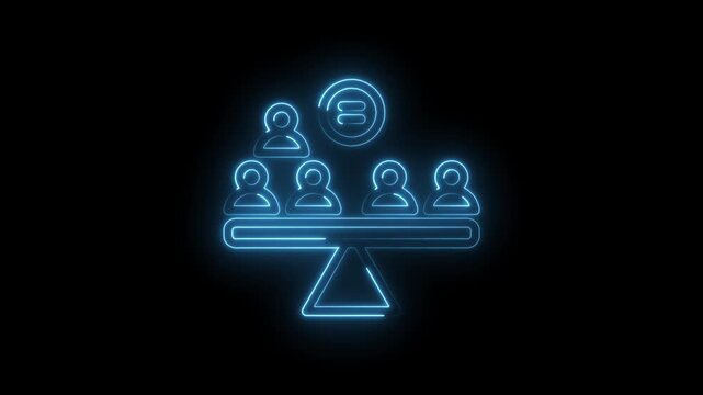 Neon blue glowing balance scale with people icons and euro symbol representing equality fairness