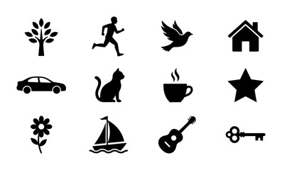 Obraz premium Set of 12 Black Vector Icons: Tree, Runner, Dove, House, Car, Cat, Coffee Cup, Star, Flower, Sailboat, Guitar, Key. Simple, clean graphic symbols for web and print.