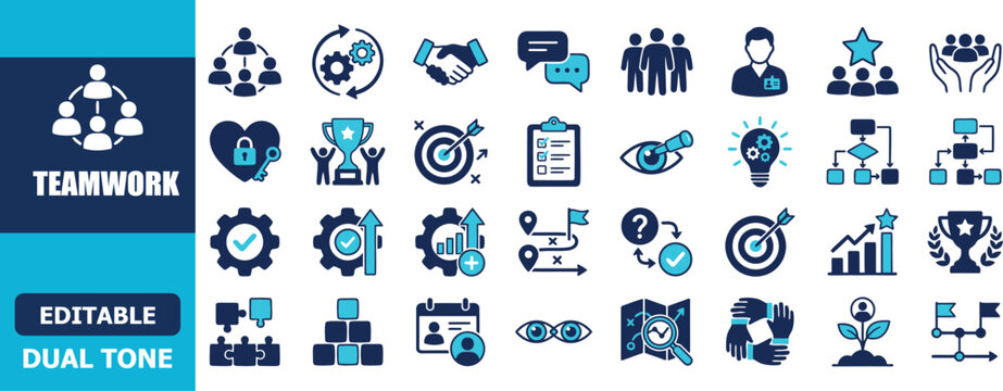 Teamwork icon set showing collaboration, leadership, strategy, growth, and business success concepts for corporate and management projects