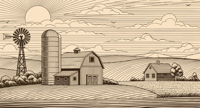 Detailed vintage engraving sketch of a peaceful farm landscape with a large barn silo windmill and small house.