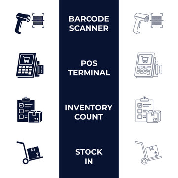 Retail and inventory management vector icon set with barcode scanner gun, pos terminal, inventory count clipboard, and stock in hand truck trolley