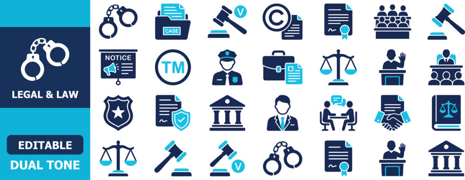 Legal and law icon set featuring justice, court, police, lawyer, and government symbols for professional legal projects