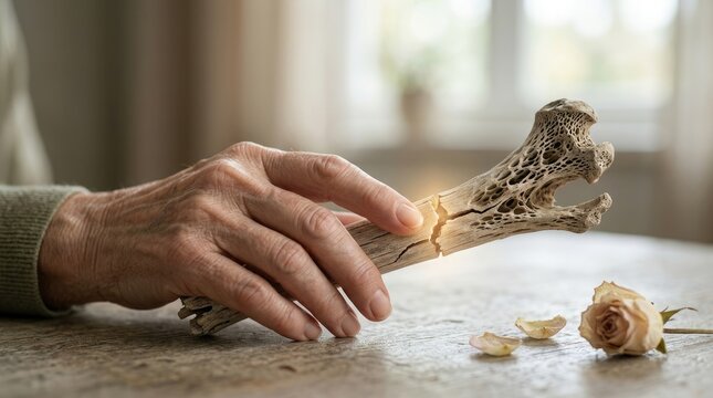 Bone structure fragility: osteoporosis symptom, elderly hand, weakness feel, brittle material, health issue, disease concept, broken piece, future care, body ailment.