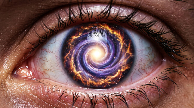 Close-up of human eye with swirling multicolored iris and long lashes