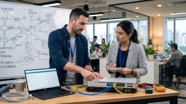 Two IT engineers configuring and troubleshooting an enterprise network switch in a modern office environment. The team is reviewing network topology diagrams on a whiteboard while connecting Ethernet 