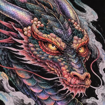 Ancient oriental dragon with glowing eyes and iridescent scales, mythical fantasy creature illustration for tattoo design, game art, mythology poster, epic dragon wall artwork