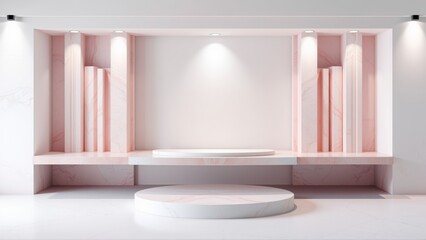 Fototapeta premium Minimalist stage design. Pink marble textures, soft lighting, circular platform. Clean aesthetic, perfect product showcase space.