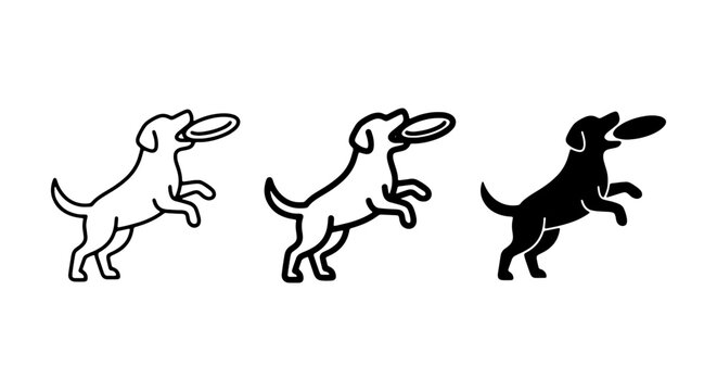 Dog Playing Frisbee Vector Icons, Playful Canine Silhouette, Pet Activity Graphics, Simple Line Art