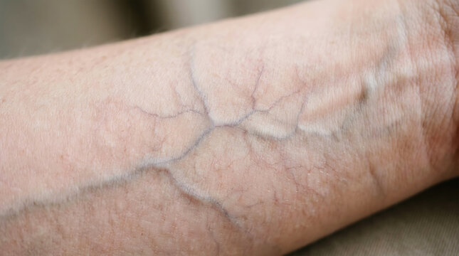 Close-up of human skin showing fine wrinkles and visible veins