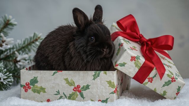 A black rabbit inside a festive box with holly pattern, surrounded by snow and holiday decorations, near a wrapped gift with a red bow.