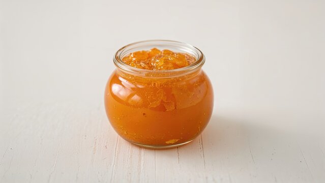 Small glass jar of orange jam or preserves on a light surface.