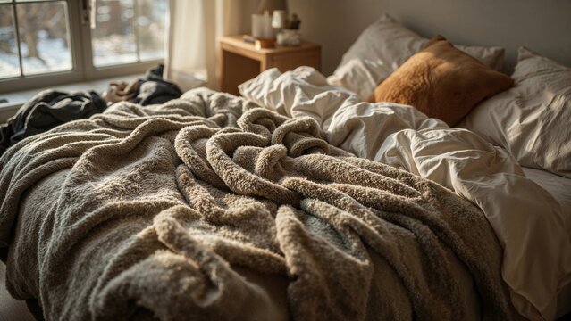 A cozy bedroom scene with unmade bed, blankets, pillows, and natural light coming through a window.