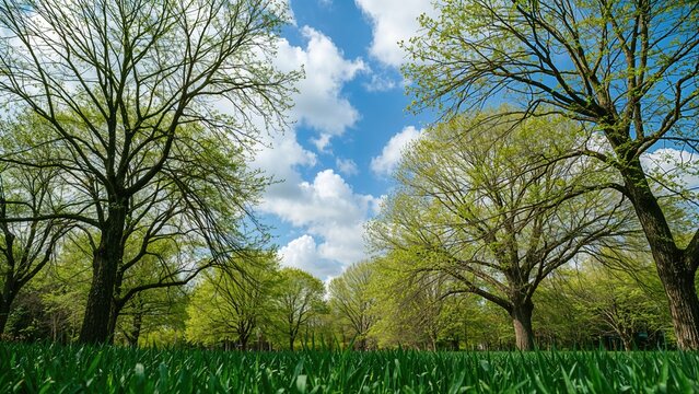 Lush green trees and grass under a bright blue sky with white clouds.