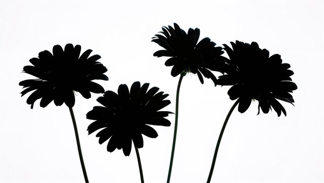 Silhouette of flowers with long stems and large petals against a white background.