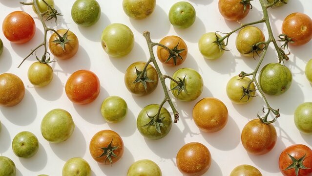 A variety of colorful cherry tomatoes on the vine, in shades of green, yellow, and red, arranged on a white background.