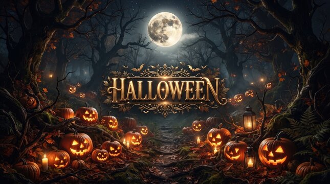 Halloween Day 2026 abstract backgrounddesign Halloween celebration with glowing jack o lanterns and full moon background illustration