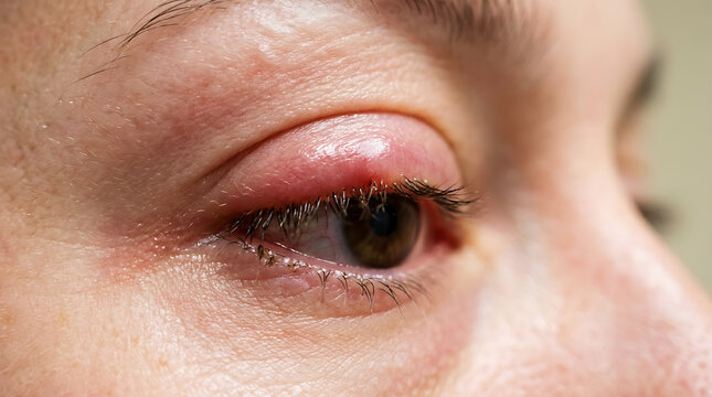 Close-up of swollen eyelid with red stye on lower eyelid swelling