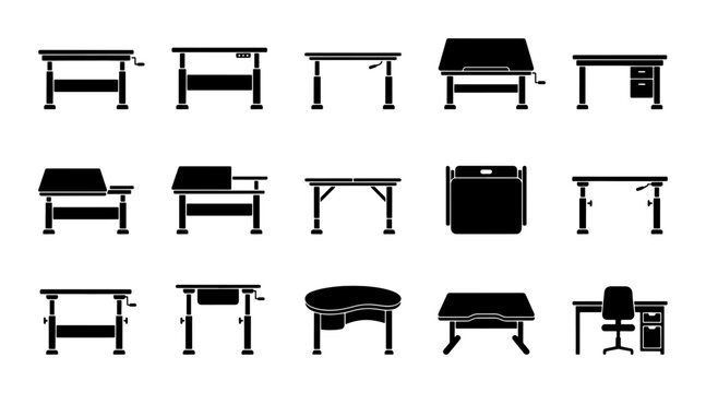 Drafting Tables Collection, Architect Desks Set, Drawing Boards Variety, Adjustable Easels, Office Furniture Icons, Vector Graphics