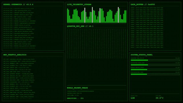 Kernel Overwatch Quantum Key Gen Hacker Terminal Animation Network Traffic Loop Background.