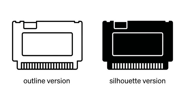 Game Cartridge Outline and Silhouette: A clear visual comparison of a game cartridge, presented in both an outline and a silhouette style, highlighting its design and functionality.