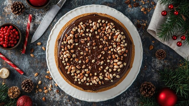 A rich chocolate tart topped with chopped nuts, surrounded by festive holiday decorations like pine branches, red berries, pinecones, and ornaments.