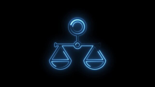 Blue neon glowing balance scales icon symbolizing justice law fairness equality and legal