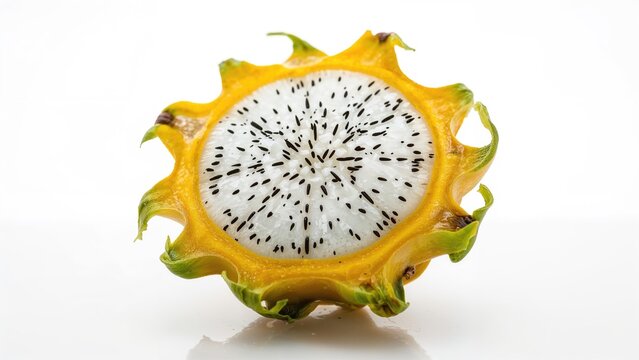 Half cut dragon fruit with yellow-green skin and white flesh with small black seeds.