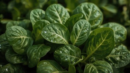 Fototapeta premium Healthy spinach leaves with water droplets and prominent veins. Vegetables and greens, healthy food. Freshness and natural environment concept.