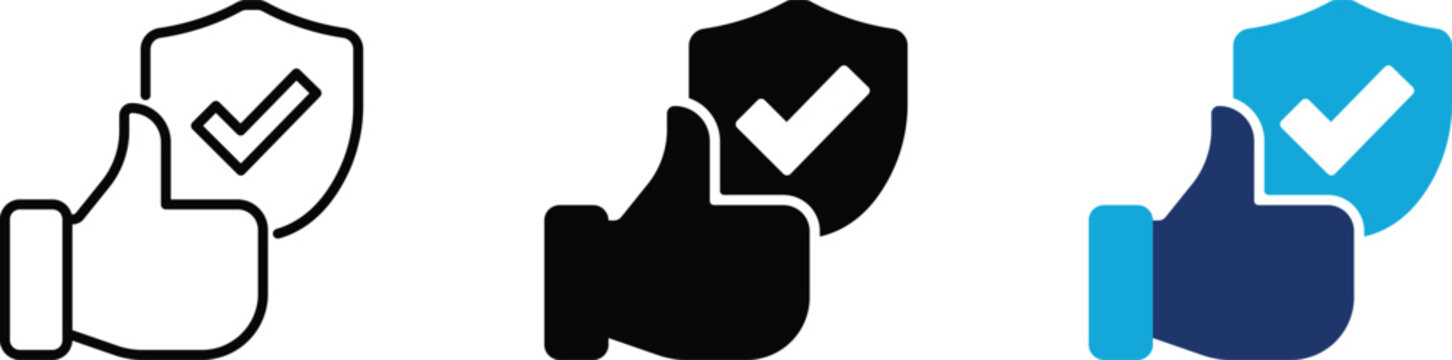 Guaranteed quality icon representing customer satisfaction, warranty protection and trusted business service. Symbol of approval, thumbs up, shield, recommendation and reliable guarantee.