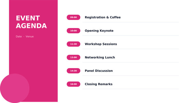 Event agenda slide template, editable 16:9 widescreen graphic template with modern layout for presentations and social media, isolated vector illustration