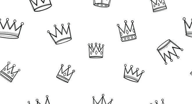 Seamless repeating pattern of simple minimal hand-drawn black crown outlines on a solid white background.