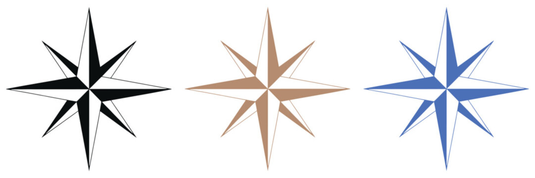 compass wind rose star icon set in multiple colors, navigation direction travel map symbol, nautical exploration design elements, vector artwork for adventure journeys, marine route planning and geogr