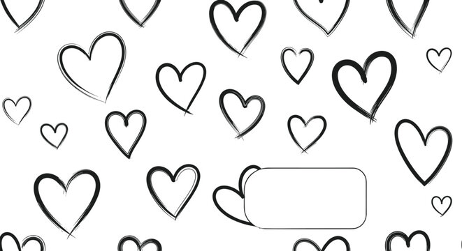 Seamless pattern of sketchy black hand-drawn heart outlines with a white blank template card in the corner.