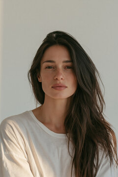 brunette woman on white background, calm woman with long dark hair wearing a simple light tshirt, authentic female portrait with natural expression and minimal makeup
