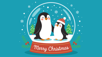 Obraz premium Adorable christmas snow globe with two cute penguins standing on snow with winter pine trees under falling snowflakes.