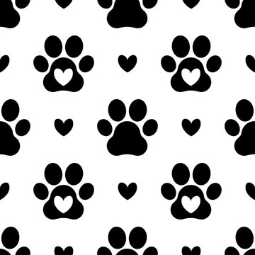 Cute Dog Paw Print with Heart Seamless Pattern. Love Pet Background. Vector Illustration