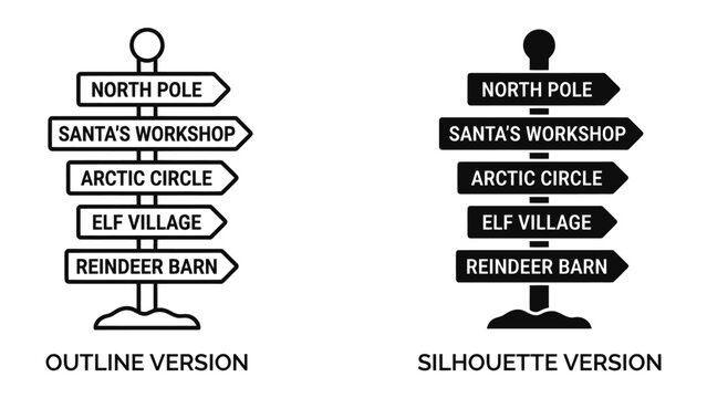 Santa's Workshop Directions: A signpost with multiple directional arrows pointing towards iconic locations associated with Santa Claus, including the North Pole, Santa's Workshop, Arctic Circle.