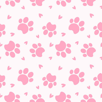 Pink Cute Dog Paw Print with Heart Seamless Pattern. Love Pet Background. Vector Illustration