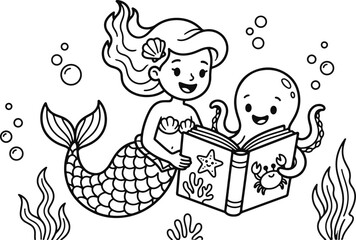 Cute mermaid and friendly octopus reading a book together underwater coloring page for children and kids activity