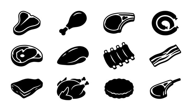 12 Black and White Meat Icons Set, Butcher Shop Food Vector Graphics, Culinary Protein Cuts Collection