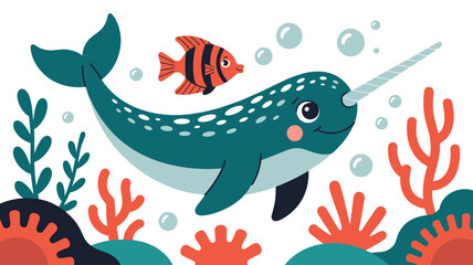 Fototapeta premium Cute cartoon narwhal swimming underwater in a coral reef with a little striped tropical fish, bubbles, and sea plants.