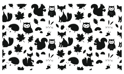 Obraz premium Animals and Nature Elements in Black and White Illustration Featuring Owl, Fox, Squirrel with Hedgehog and Rabbit Elements