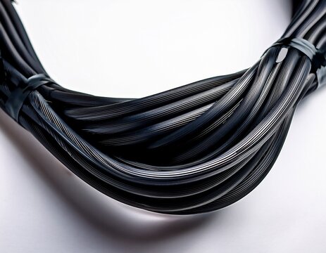 abstract image of a black electrical cable isolated on white emphasizing texture and form power cord detail