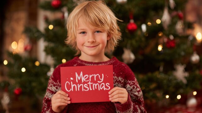 Smiling Child Holding Merry Christmas Card in Front of Festive Christmas Tree with Decorations and Lights