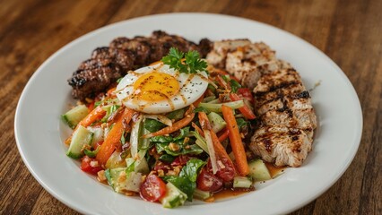 Fototapeta premium A plate with grilled meat, a boiled egg, and vegetable salad.