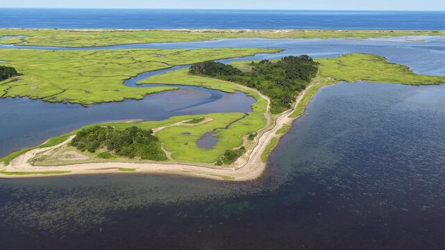 Narrow channels meander through a beautiful salt marsh between Hog and Sampson Islands in Pleasant Bay, Cape Cod. Marshes provide critical habitat for many birds, fish, and marine invertebrates.